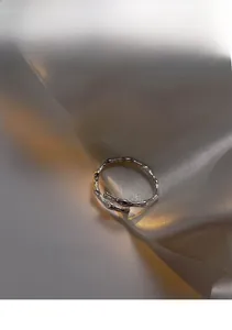 Detailed close-up of S925 sterling silver bamboo ring with adjustable open band design