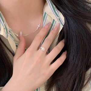 Elegant S925 silver open ring with freshwater pearl and a delicate cross charm necklace