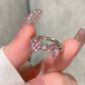 925 Sterling Silver Bow Knot Ring With Pink Heart Zirconia Adjustable Open Finger Ring Sweet Fashion Jewelry For Women