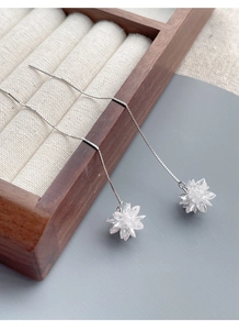 Detail of S925 silver tassel earrings featuring sparkling crystal flower charms on wood