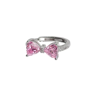 S925 sterling silver bow ring with pink heart zircons and adjustable open band