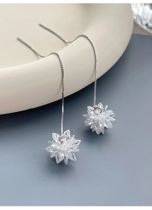 Detailed close-up of S925 sterling silver tassel earrings with crystal flower charms
