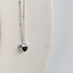 Minimalist S925 silver necklace with black heart onyx pendant and beaded chain detail