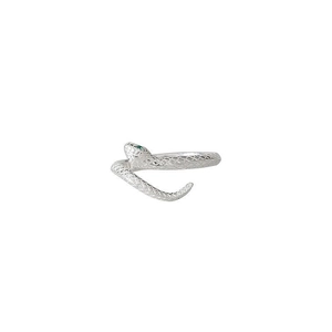 Minimalist S999 sterling silver snake ring with green gemstone eyes and scaled texture
