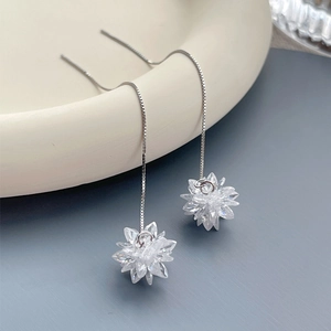 Long S925 sterling silver tassel earrings with clear crystal flower charms for women