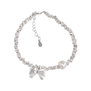 S925 sterling silver bow and pearl bracelet with irregular beads and adjustable chain