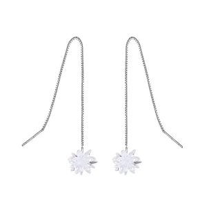 S925 sterling silver long tassel drop earrings with white crystal flower pendants