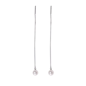 Elegant S925 sterling silver long drop threader earrings with white round pearls