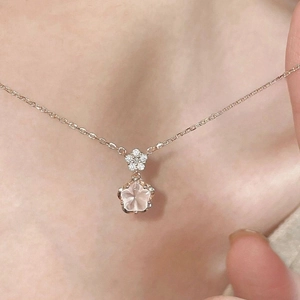 S925 Sterling Silver Cherry Blossom Pendant Necklace Rose Gold Plated Pink Zircon Jewelry For Women Daily Sweet Gift