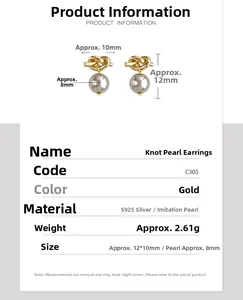 Detailed size specifications for S925 silver gold knot pearl earrings with 8mm pearl