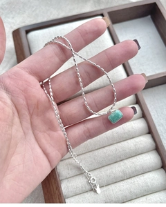 Detail of silver S925 necklace with green Amazonite rectangle stone and small beads