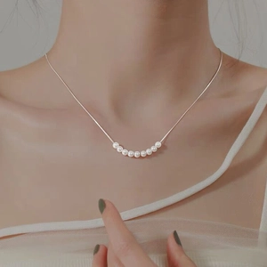Élégant Collier Sourire en Argent Sterling S925 Künstliche Perles Blanches Rondes pour Femmes Bijoux Chaîne de Clavicule Minimaliste