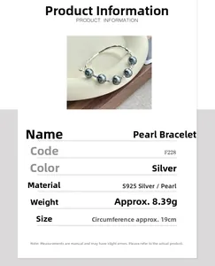 Detailed view of S925 silver bracelet featuring five grey pearls and irregular metal bars