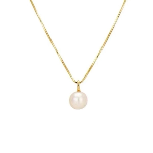 Elegante collana in argento S925 con catena box dorata e ciondolo di perla bianca tonda