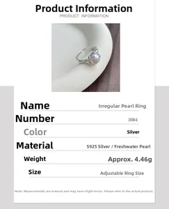Dettagli dell'anello regolabile in argento S925 con perla d'acqua dolce irregolare