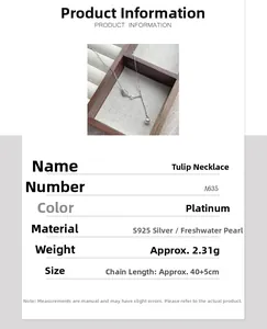 Detail of S925 silver tulip necklace with freshwater pearl on a minimalist wooden frame