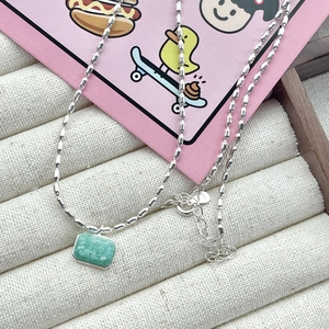 S925 silver necklace with rectangular amazonite pendant and unique bead-bar chain link