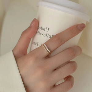 Minimalist double layer S925 sterling silver ring with pearls and pavé zircons in gold finish