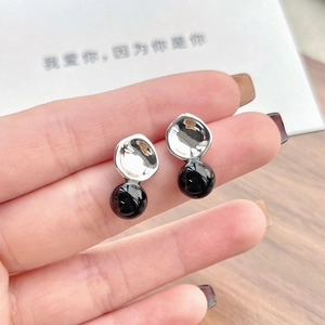925 Sterling Silver Black Onyx Stud Earrings For Women Minimalist Geometric Concave Round Black Stone Earrings Fashion Jewelry