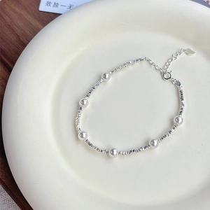 Elegantes S925 Sterlingsilber Künstliche Perlenarmband Minimalismus Geometrisches Crushed Silber Künstliche Perlen Handkette Für Damen Schmuck Geschenk