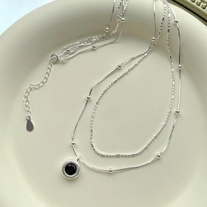 925 Sterling Silver Double Layer Black Agate Necklace For Women Niche Design Cool Clavicle Chain Geometric Jewelry Gift