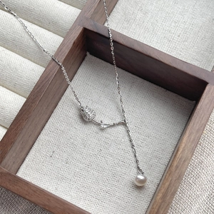 925 Sterling Silver Tulip Freshwater Pearl Necklace For Women Elegant Inlaid Rhinestone Flower Pendant Clavicle Chain Jewelry