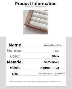 Detail view of adjustable S925 sterling silver winding line ring with specs
