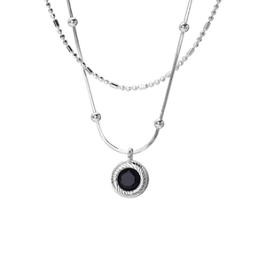 Double-layered S925 sterling silver necklace with a black onyx round pendant for women