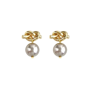 Elegant S925 silver gold knot drop earrings with grey round pearls on white background