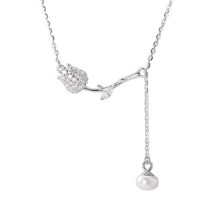 S925 sterling silver tulip pendant necklace with cubic zirconia and freshwater pearl