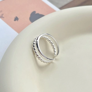 Minimalist S925 sterling silver double-layer open ring featuring smooth and beaded textures