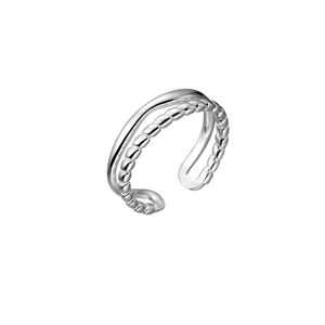 Minimalist S925 silver double-layered open ring with polished and beaded chain bands