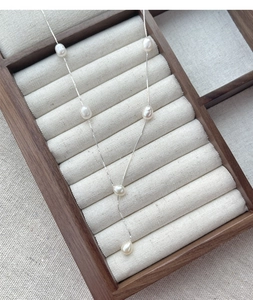 Detail of S925 sterling silver freshwater pearl necklace on a jewelry display box