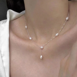 S925 Sterling Silver Freshwater Pearl Necklace For Women Minimalist Elegant Y-Shaped Lariat Necklace Sweet Clavicle Chain Jewelry Gift