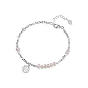 S925 sterling silver pearl bracelet with Fu character charm and heart-shaped pendant