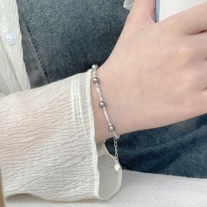 925 Sterling Silver Grey Artificial Pearl Bracelet Faceted Beads Heart Pendant Adjustable Chain Niche Elegant Hand Jewelry For Women