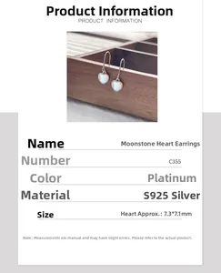 Tabla de tallas detallada para pendientes de corazón en plata S925 y piedra de luna