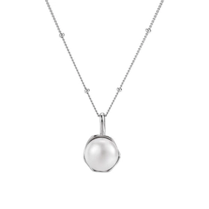 Elegant S925 sterling silver satellite chain necklace with a single round white pearl pendant