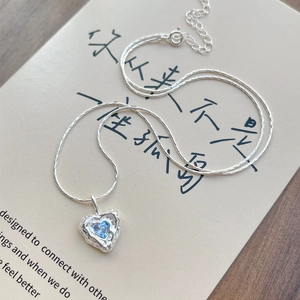 S925 Sterling Silver Heart Pendant Necklace For Women Blue Zirconia Irregular Texture Clavicle Chain Minimalist Jewelry Gift