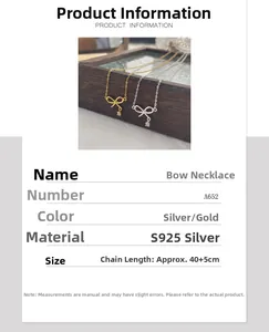 Vue détaillée du collier nœud en argent S925 avec dimensions et chaîne réglable