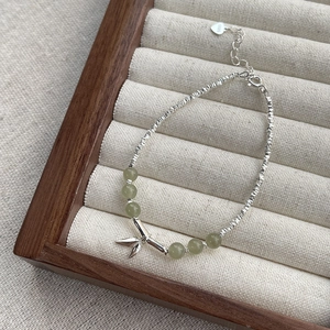 S925 sterling silver bamboo knot bracelet with green jade beads and silver leaf charms