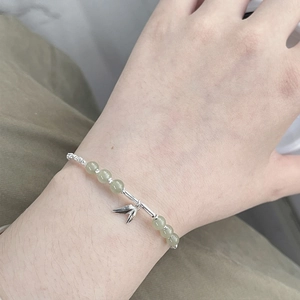 Elegant S925 silver bamboo and Hetian jade bead bracelet with silver leaf pendant for women