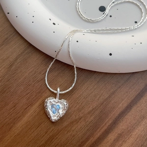 S925 sterling silver heart necklace with blue zircon and irregular lava texture pendant