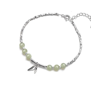 S925 sterling silver bamboo style bracelet with green jade beads and silver leaf charm
