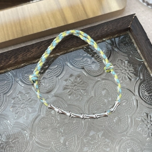 Handmade S925 silver bamboo-style woven bracelet with colorful adjustable silk cord