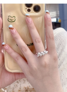 Detailed view of the S925 sterling silver grape cluster ring worn on the finger