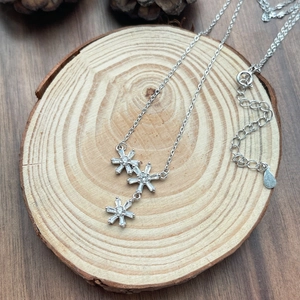 S925 Sterling Silver Snowflake Flower Pendant Necklace with Tapered Gemstones for Women