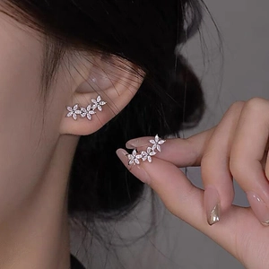 S925 Sterling Silver Flower Stud Earrings For Women Dainty Triple Floral Rhinestone Inlaid Sparkle Hypoallergenic Jewelry Gift