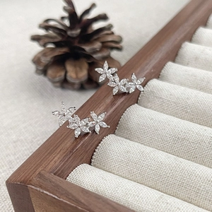 S925 sterling silver triple flower stud earrings with sparkling cubic zirconia inlay