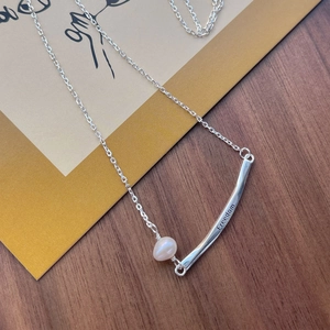 Minimalist S925 sterling silver necklace with Freedom engraving and white freshwater pearl